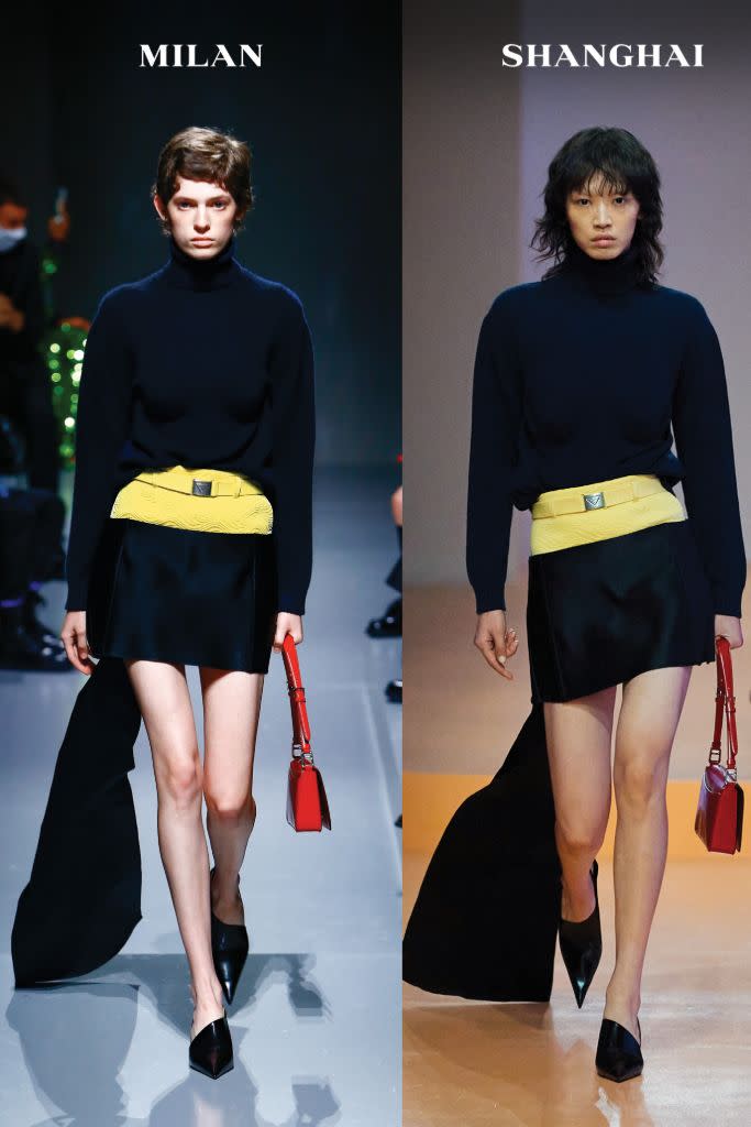 Miniskirts and pointy pumps, side by side in both Milan and Shanghai for Prada’s spring ’22 dual show. - Credit: Courtesy of Prada