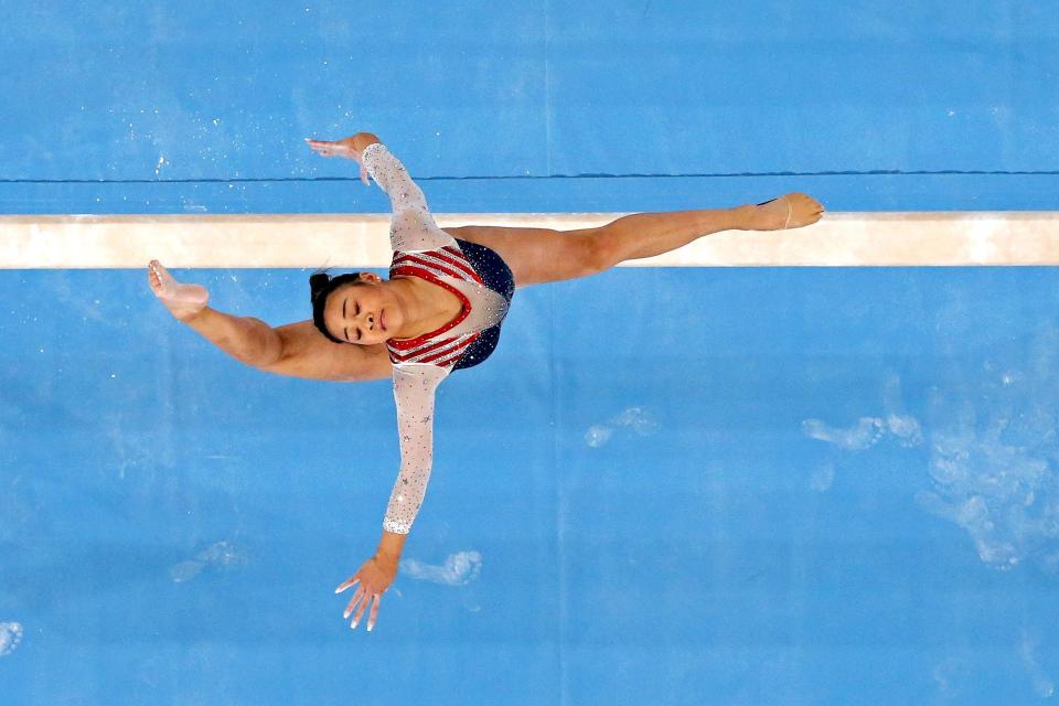 Sunisa Lee (USA) competes on the balance beam in the women's gymnastics individual all-around final during the Tokyo 2020 Olympic Summer Games at Ariake Gymnastics Centre on July 29, 2021.