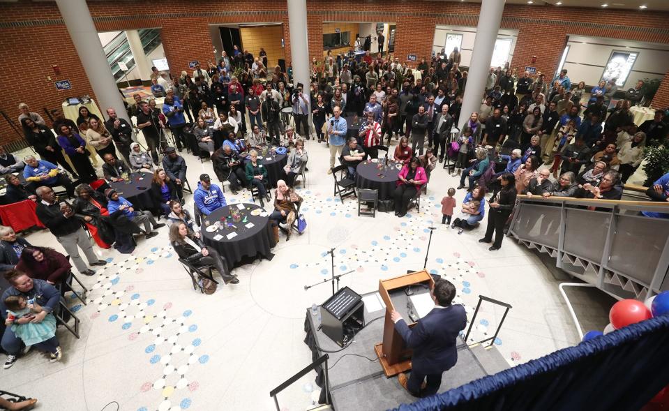 Shammas Malik delivers his victory address at his mayoral watch party in the atrium of the John S. Knight Center in Akron on Tuesday.