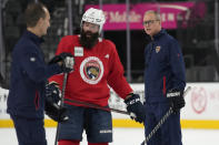 Florida Panthers head coach Paul Maurice watches during an NHL hockey practice Friday, June 2, 2023, in Las Vegas. (AP Photo/John Locher)