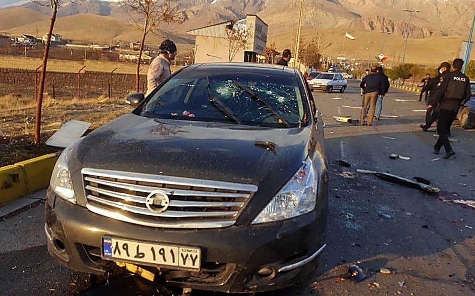 The car in which Iranian nuclear scientist Mohsen Fakhrizadeh died in November 2020. Israel is widely believed to have behind the killing