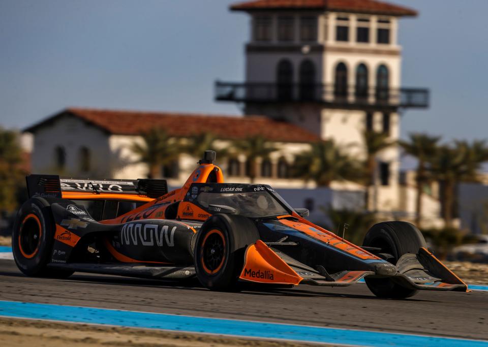 Pato O'Ward of Arrow McLaren approaches turn 10 on his way back to the pits after going off during day two of NTT IndyCar Series open testing at The Thermal Club in Thermal, Calif., Friday, Feb. 3, 2023. 