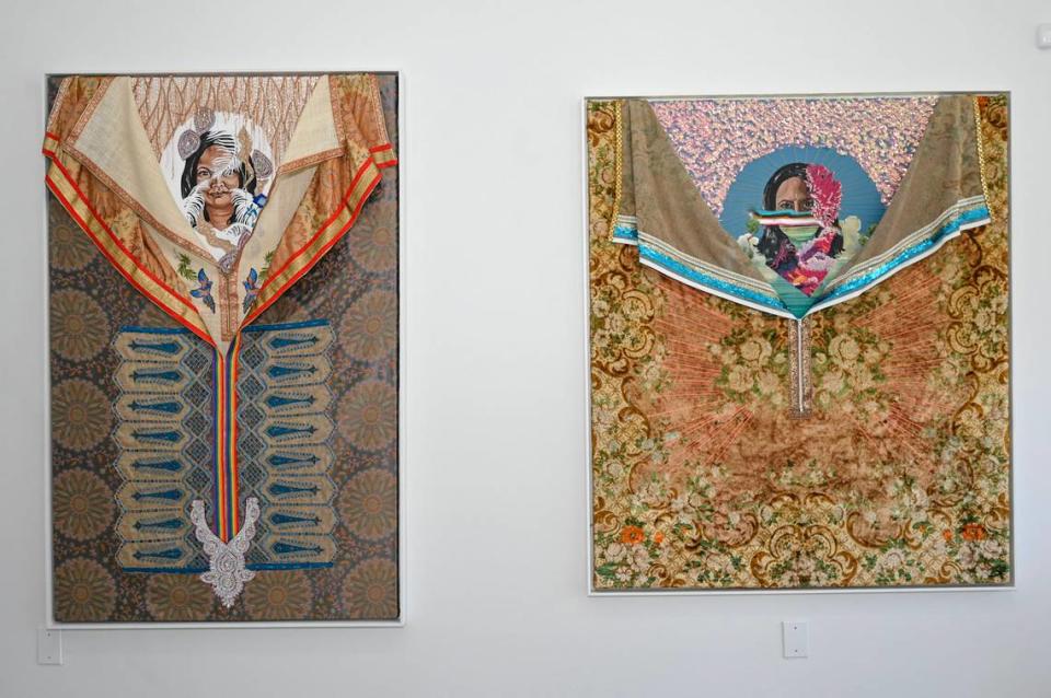 “Soca Queen” and “Self-portait as a stranger” by Guyanese artist Suchitra Mattai at “Depth of Identity: Art as Memory and Archive,” an art exhibition at Green Space Miami. Mattai created the artworks out of deconstructed saris.