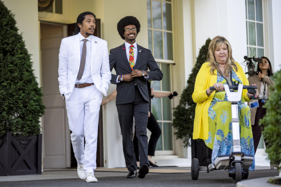 FILE - From left, Tennessee Rep. Justin Jones, D-Nashville; Rep. Justin Pearson, D-Memphis; and Rep. Gloria Johnson, D-Knoxville; leave the West Wing to speak to reporters after meeting with President Joe Biden and Vice President Kamala Harris in the Oval Office of the White House in Washington, April 24, 2023. Pearson and Jones, who became Democratic heroes as members of the “Tennessee Three,” reclaimed their legislative seats Thursday, Aug. 3, after they were expelled for involvement in a gun control protest on the House floor. (AP Photo/Andrew Harnik, File)