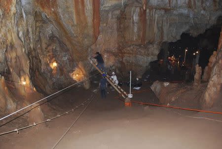 Researchers work inside the lower part of Manot cave, installing the grid in Israel's Western Galilee in this picture released on January 28, 2015. REUTERS/Israel Hershkovitz, Ofer Marder & Omry Barzilai/Handout via Reuters