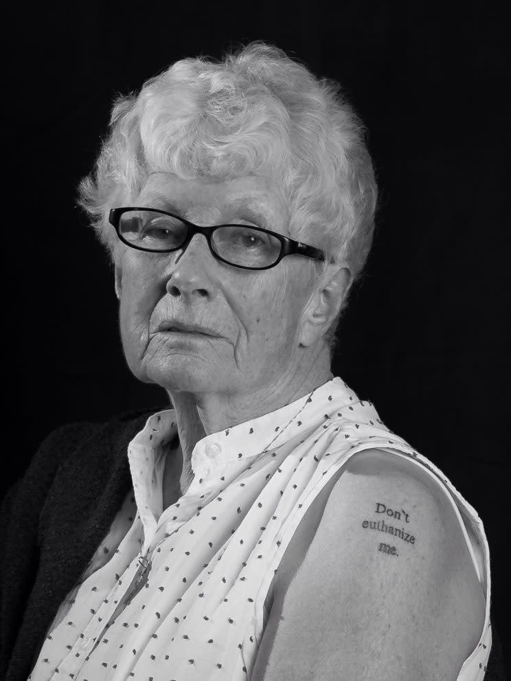 Calgary grandmother Christine Nagel got a tattoo stating 'Don't euthanize me.' Supplied photo from Krysta Jesso