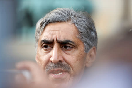 Queen's Counsel Khawar Qureshi speaks in front of the International Court of Justice after the final hearing in the Kulbhushan Jadhav case, in The Hague, the Netherlands, February 18, 2019. REUTERS/Eva Plevier