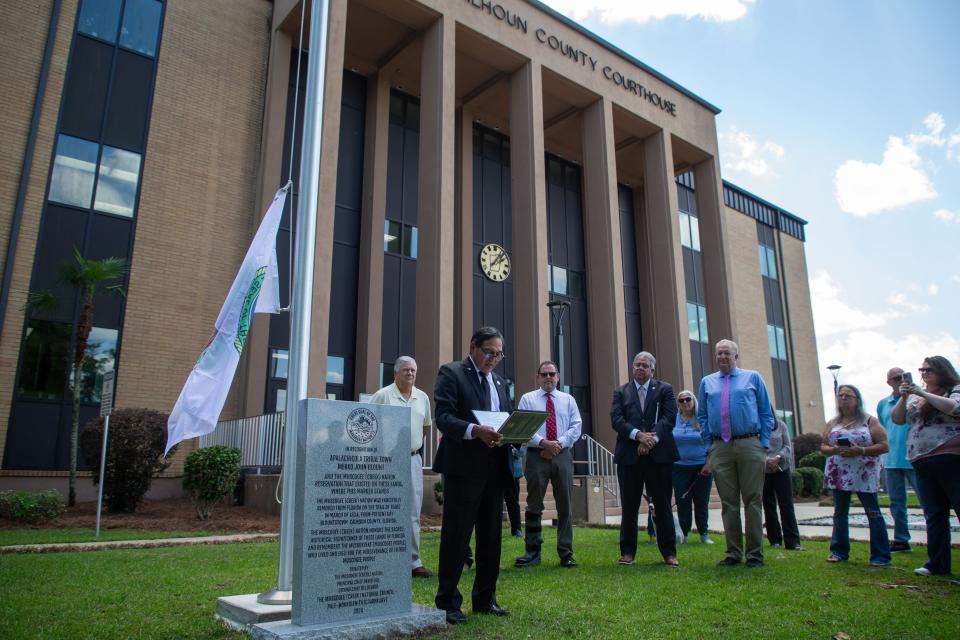 Muscogee (Creek) Nation Principal Chief David Hill shares brief remarks during a ceremony honoring the Muscogee Tribe at the Calhoun County Courthouse on Wednesday, May 15, 2024.