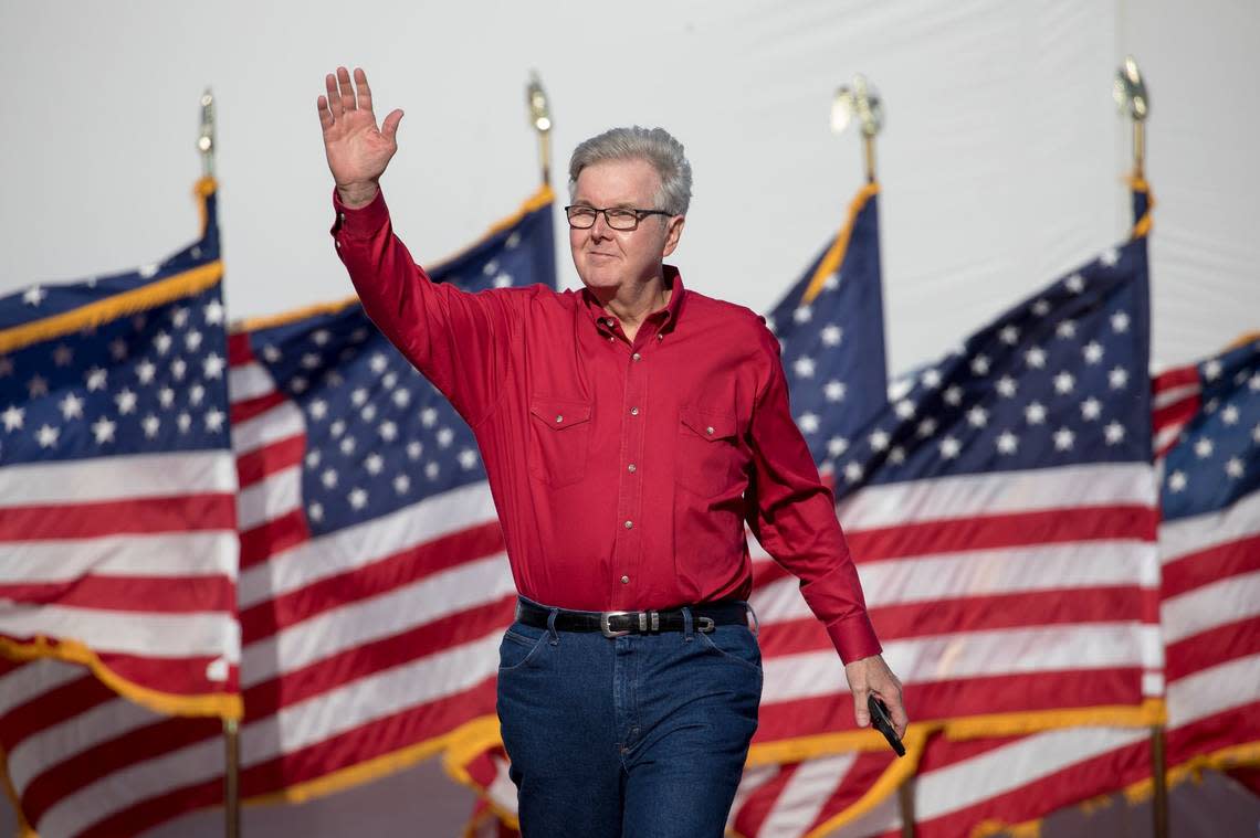 Lt. Gov. Dan Patrick waves to the crowd during a rally featuring former President Donald Trump on Oct. 22, 2022, in Robstown, Texas. (AP Photo/Nick Wagner)