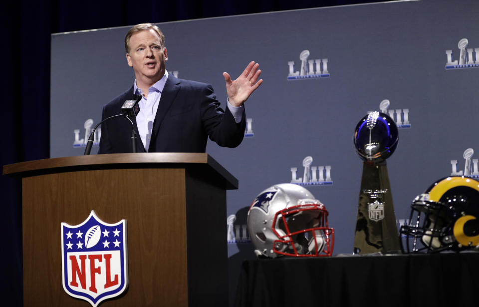 NFL commissioner Roger Goodell spoke about the controversy of the NFC title game that still lingers, even at this week’s Super Bowl in Atlanta. (AP)