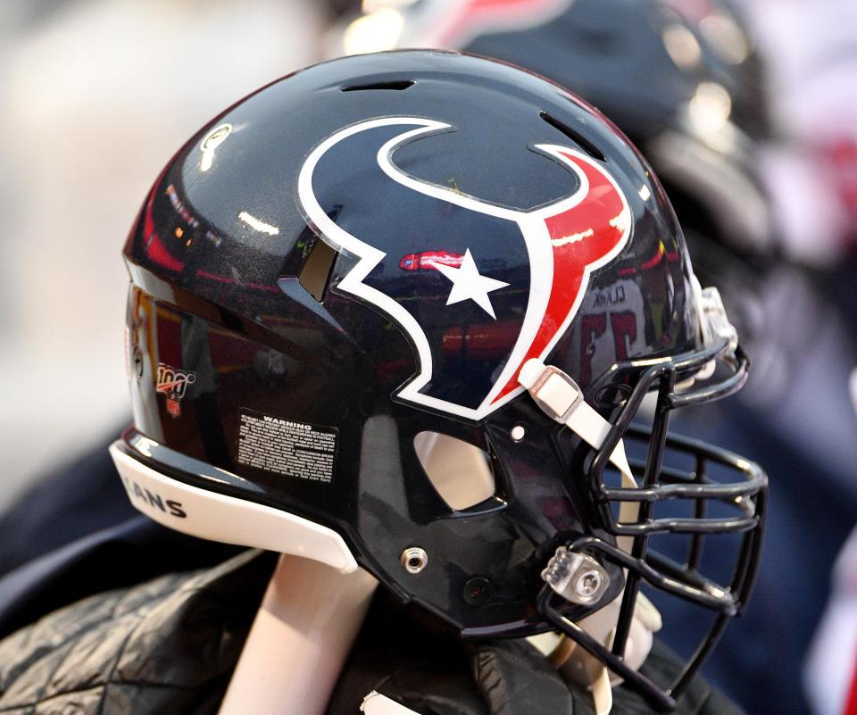 Jan 12, 2020; Kansas City, Missouri, USA; A general view of a Houston Texans helmet during the AFC Divisional Round playoff football game against the Kansas City Chiefs at Arrowhead Stadium. Mandatory Credit: Denny Medley-USA TODAY Sports