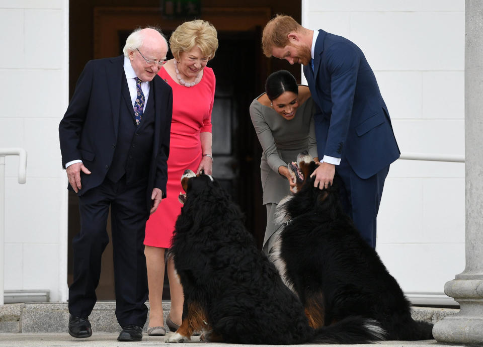 DUBLIN, DUBLIN - JULY 11:  Prince Harry, Duke of Sussex and Meghan, Duchess of Sussex visit Irish President Michael Higgins and his wife Sabina Coyne at Aras an Uachtarain during their visit to Ireland on July 11, 2018 in Dublin, Ireland.  (Photo by Pool/Samir Hussein/WireImage)