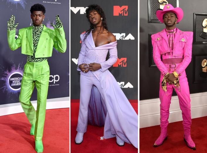 Lil Nas X at the 2019 American Music Awards, 2021 MTV Video Music Awards, and 2020 Grammy Awards.