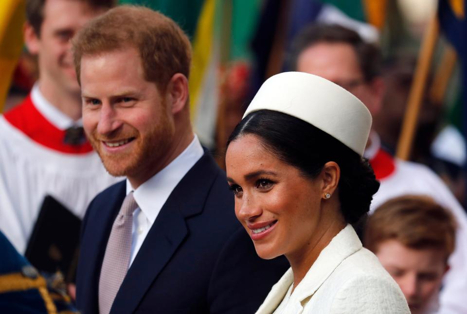 Prince Harry and Duchess Meghan of Sussex leave after the Commonwealth Service at Westminster Abbey in London on March 9, 2019.