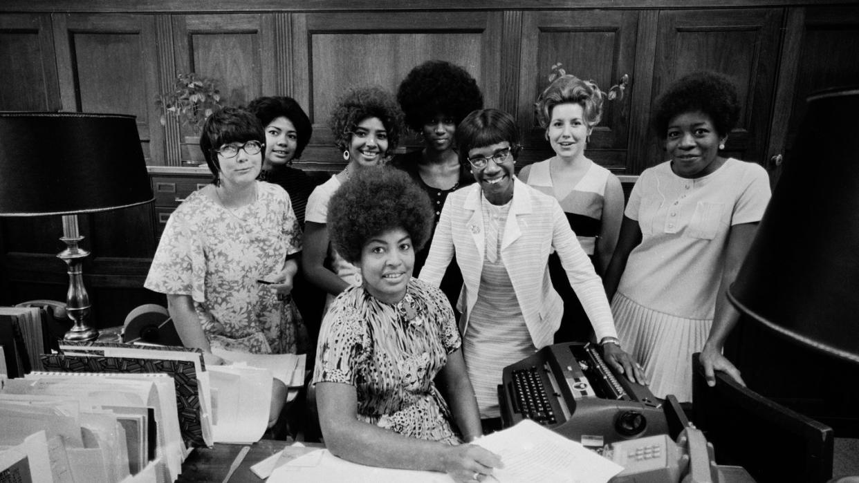 portrait of american congresswoman shirley chisholm 1924 2005 center right, with one hand on the typewriter as she poses with her staff in her wood panelled office, washington dc, 1970 photo by bob petersonthe life images collection via getty imagesgetty images