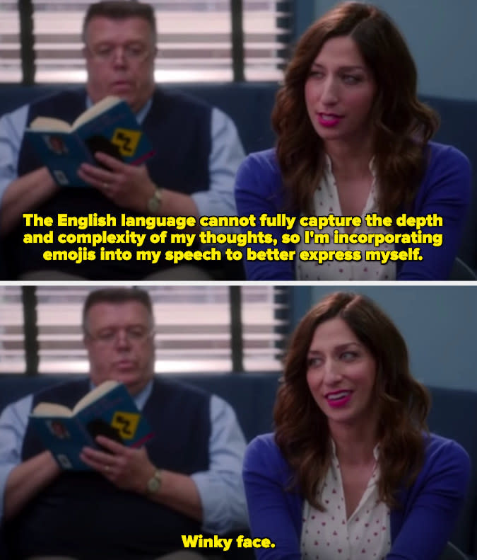 Gina saying "The English language cannot fully capture the depth and complexity of my thoughts, so I'm incorporating emojis into my speech to better express myself. Winky face."