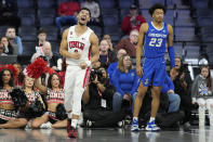 UNLV guard Justin Webster (2) celebrates after a play against Creighton during the first half of an NCAA college basketball game Wednesday, Dec. 13, 2023, in Henderson, Nev. (AP Photo/John Locher)