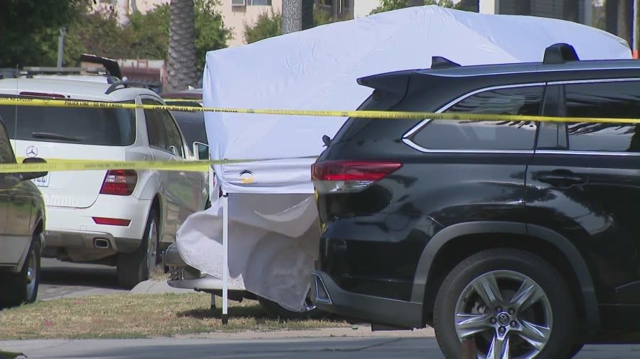 Two men were shot and killed inside their car near Exposition Park in Los Angeles on June 1, 2024. (KTLA)