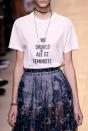<p>For her Dior debut, Maria Grazia Chiuri sent models down the runway bearing feminist slogans emblazoned across their chests. Ever since, we’ve been coveting statement t-shirts aplenty. Don’t even get us started on the Gucci logo tee… <em>[Photo: Getty]</em> </p>