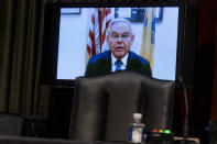 Sen. Bob Menendez, D-N.J., speaks via teleconference during a Senate Finance Committee hearing to examine the expected nomination of Janet Yellen to be Secretary of the Treasury on Capitol Hill in Washington, Tuesday, Jan. 19, 2021. (AP Photo/Andrew Harnik, Pool)