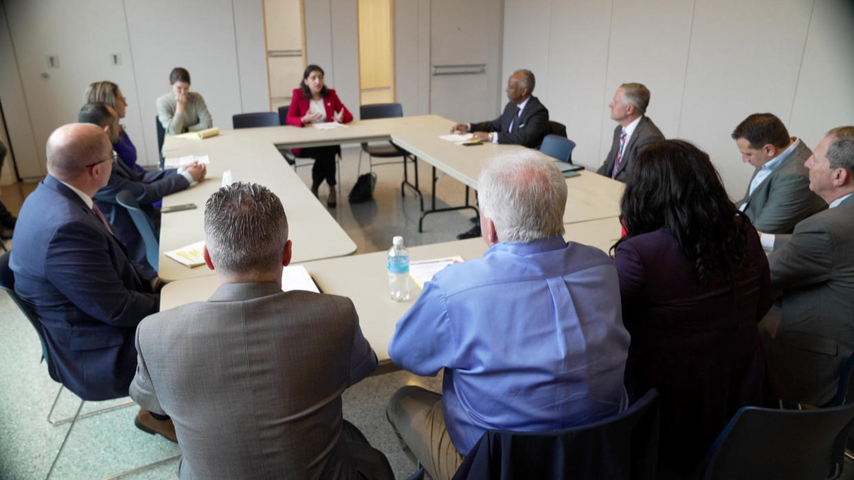 On April 2, FTC chair Lina Khan participated in a roundtable of community pharmacists in Philadelphia. Among the issues discussed: addressing the behavior of                  pharmacy benefit managers (or PBMs). / Credit: CBS News