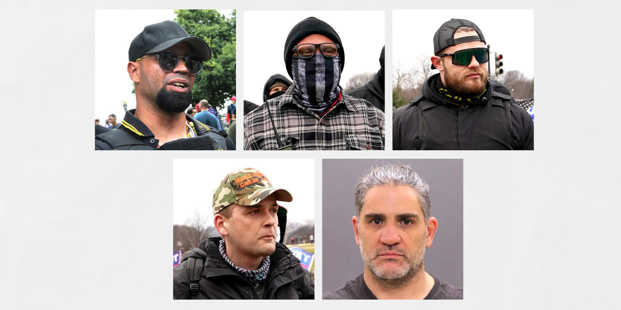 5 square images of proud boys Enrique Tarrio, Joseph Biggs, Ethan Nordean, Zachary Rehl, and Dominic Pezzola  (AP; Getty Images )