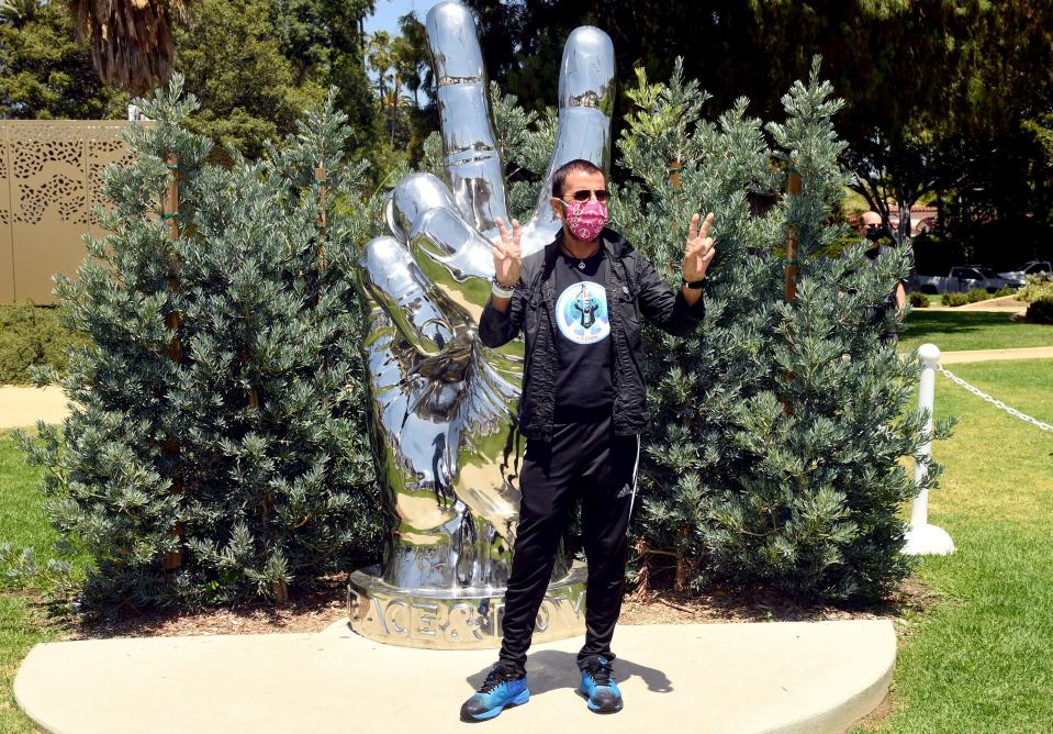 Ringo Starr visits his 'Peace and Love' sculpture to celebrate his 80th birthday on July 07, 2020 in Beverly Hills, California.