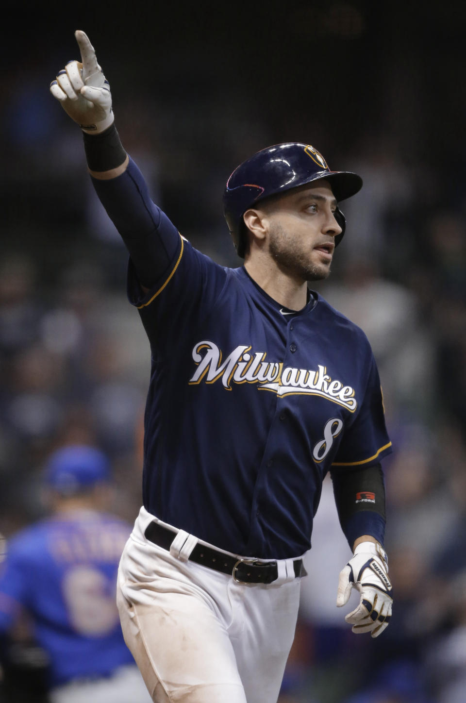 Milwaukee Brewers' Ryan Braun gestures after hitting a two-run single against the New York Mets during the 18th inning of a baseball game Saturday, May 4, 2019, in Milwaukee. The Brewers won 4-3.(AP Photo/Jeffrey Phelps)