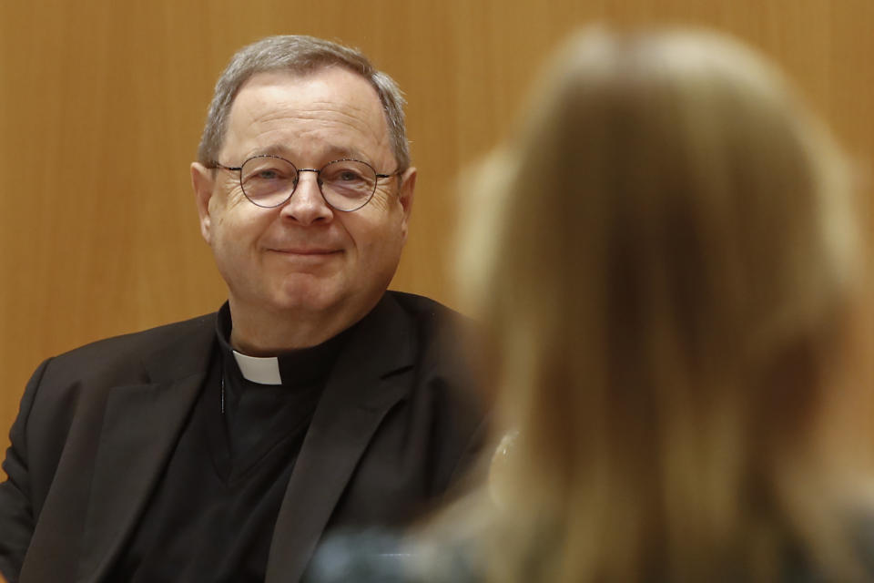 Monsignor Georg Baetzing, head of the German Bishops' Conference, attends a press conference at the end of a 6-day visit of German bishops to the Vatican, including an audience with Pope Francis, in Rome, Saturday, Nov. 19, 2022. Top Vatican cardinals tried to put the brakes on the German Catholic Church's controversial reform process Friday, fearing proposals concerning gays, women and sexual morals will split the church and insisting they would be better debated later. (AP Photo/Riccardo De Luca)