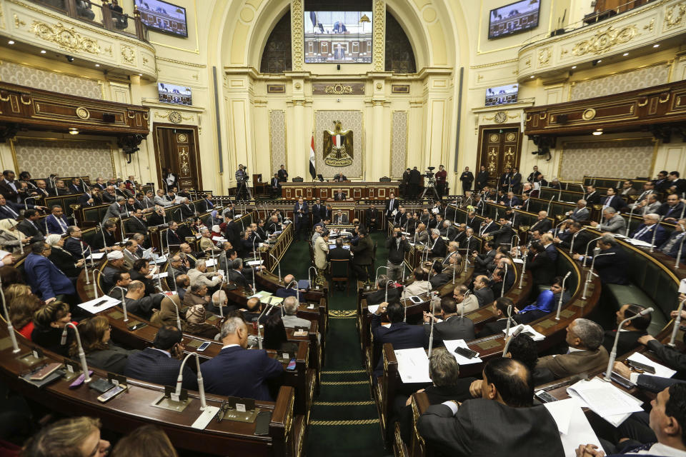 FILE - In this Feb 13, 2019 file photo, Egypt's Parliament meets in Cairo Egypt. The Egyptian Parliament is likely to vote Monday, July 20, 2020, to authorize the country's president to deploy troops to war-torn Libya if Turkey-backed forces allied with the U.N.-supported government in Tripoli move to retake the strategic coastal city of Sirte. The House of Representative, packed with the president's supporters, is highly likely to vote in favor of sending troops. Egypt has been backing the east-based Libyan forces in the conflict while Turkey backs the forces in Tripoli, in the west. (AP Photo, File)