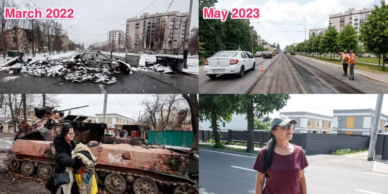 A composite image showing Bucha in March 2022, at the height of the Russian invasion, on the left, and the same spots in Bucha on the right in May 2023.