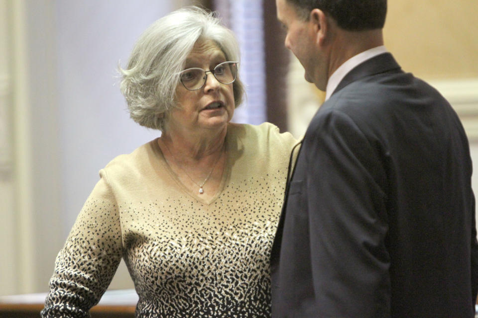  Senate Family and Veterans Services Chairwoman Katrina Shealy, R-Lexington, talks to Sen. Tom Young, R-Aiken, on the opening day of session Tuesday, Jan. 9, 2024, in Columbia, S.C. (File/Mary Ann Chastain/Special to the SC Daily Gazette)