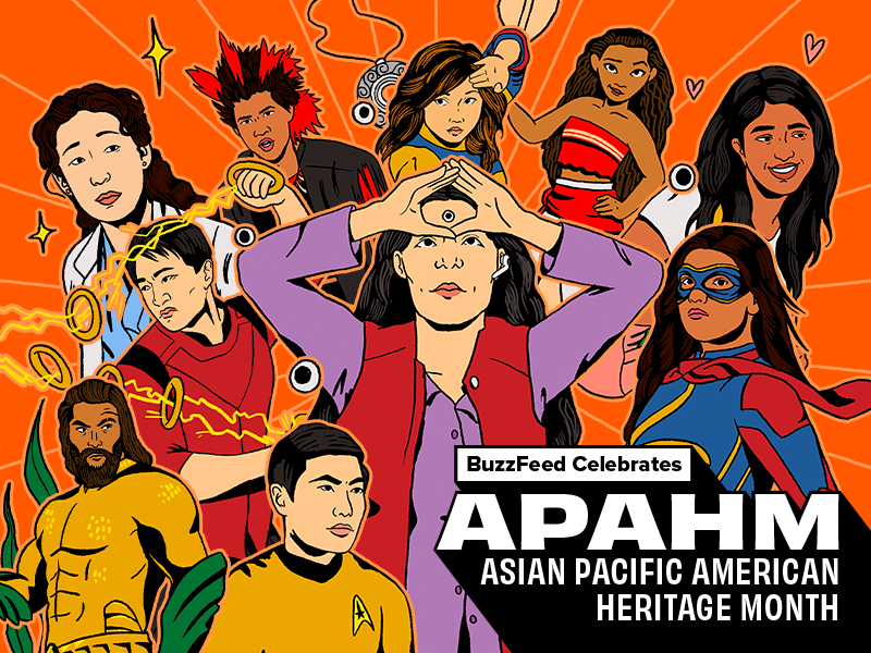 Collection of AAPI TV/movie characters over the years with the words: BuzzFeed Celebrates APAHM