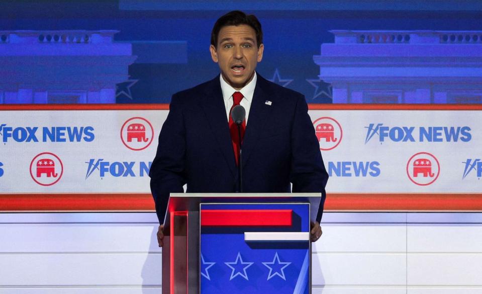 PHOTO: Republican presidential candidate and Florida Governor Ron DeSantis speaks at the first Republican candidates' debate of the 2024 U.S. presidential campaign in Milwaukee, Wisconsin, Aug. 23, 2023. (Brian Snyder/Reuters)