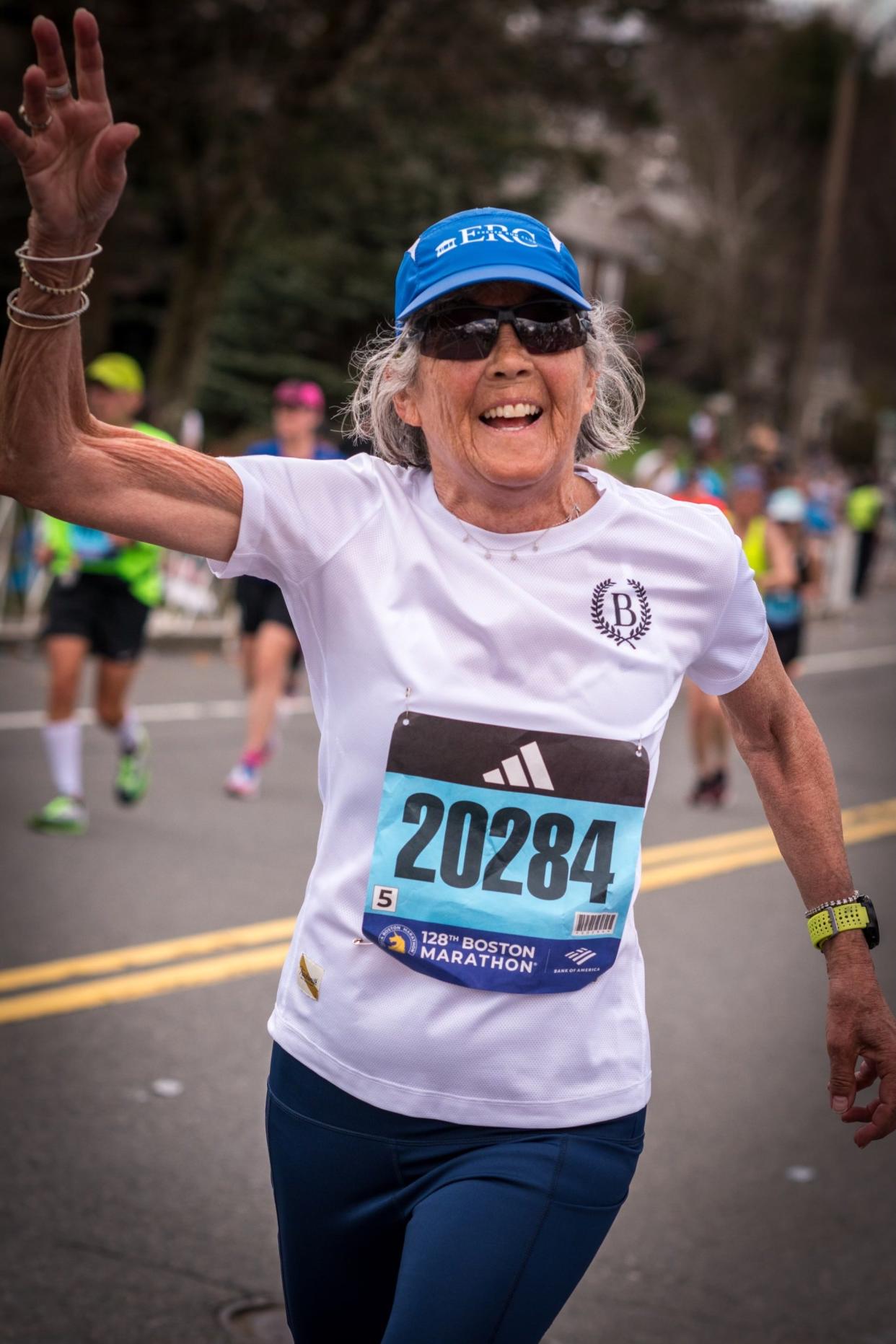 Exeter's Dawn Ebbetts ran the Boston Marathon on Monday in a time of 3 hours, 46 minutes, 02 seconds, placing her first in the women's 70-to-74 age group.