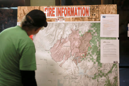 A man looks at a map of the Camp Fire at a Red Cross shelter in Chico, California, U.S. November 21, 2018. REUTERS/Elijah Nouvelage