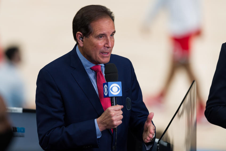 INDIANAPOLIS, IN - MARCH 13: CBS Sports broadcaster Jim Nantz during the men's Big Ten tournament college basketball game between the Michigan Wolverines and Ohio State Buckeyes on March 13, 2021, at Lucas Oil Stadium in Indianapolis, IN. (Photo by Zach Bolinger/Icon Sportswire via Getty Images)