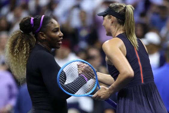 Serena Williams and Maria Sharapova shake hands following their first round match at the 2019 US Open (Getty Images)