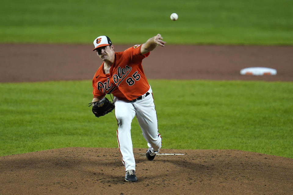 Baltimore Orioles starting pitcher Bruce Zimmerman throws a pitch to the Tampa Bay Rays during his major league debut in the first inning of the second game of a baseball doubleheader, Thursday, Sept. 17, 2020, in Baltimore. (AP Photo/Julio Cortez)