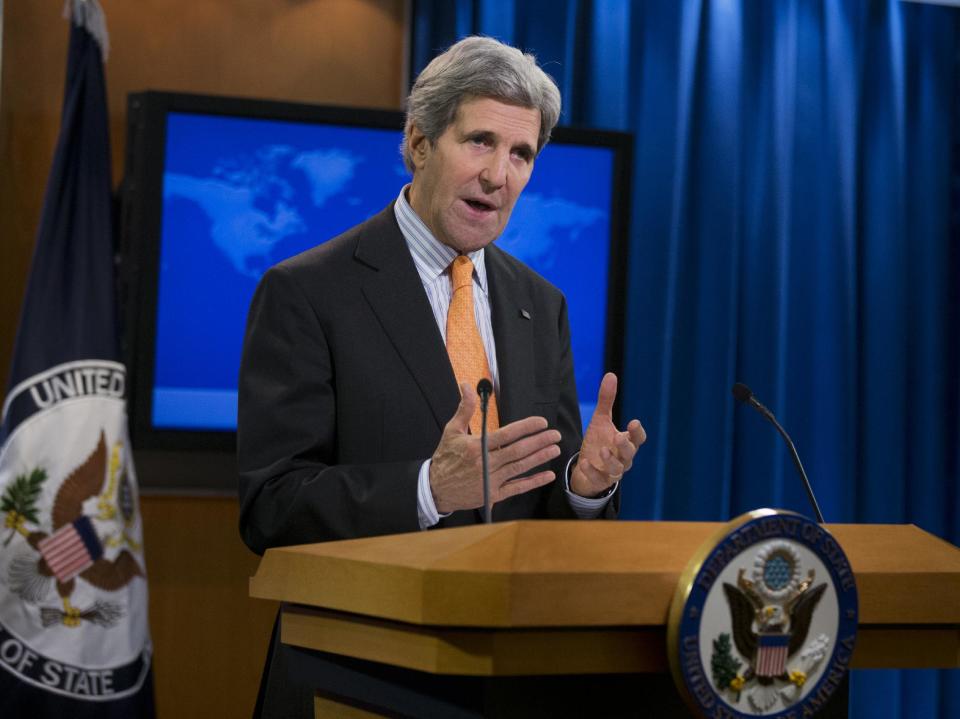 Secretary of State John Kerry talks about Syria, Thursday, Jan. 16, 2014, at the State Department in Washington. Kerry urged the Syrian opposition to attend a conference next week in Switzerland aimed at finding a political resolution to the civil war there, which has claimed more than 120,000 lives. (AP Photo/Manuel Balce Ceneta)