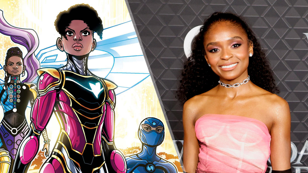  (L, R) Riri Williams/Ironheart in the comics, standing strong in armor, and Dominique Thorne, who will play Ironheart/Riri Williams, attending Marvel Studios' "Black Panther: Wakanda Forever" premiere. 