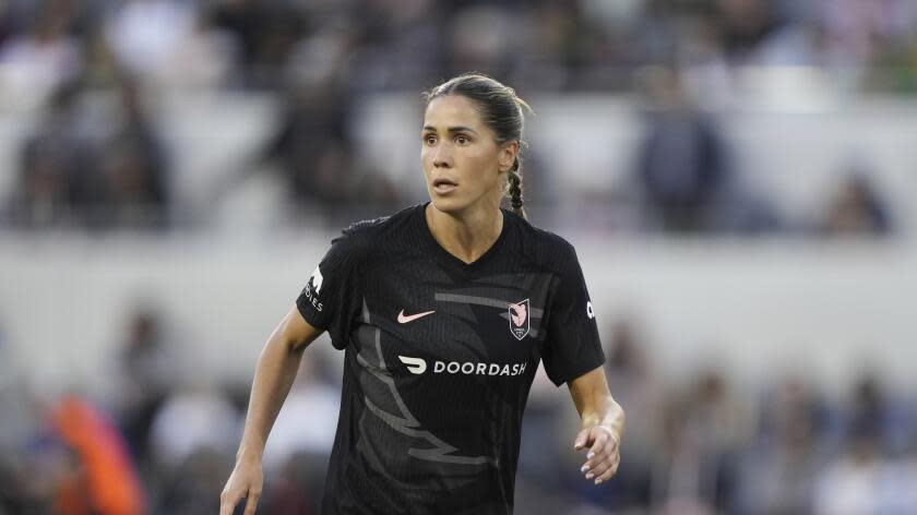 Angel City FC's Katie Johnson (33) plays against Bay FC during an NWSL soccer match, Sunday, March 17, 2024, in Los Angeles. (AP Photo/Doug Benc)