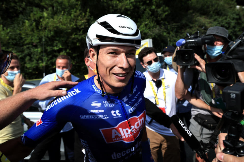 BAYONNE FRANCE  JULY 03 Stage winner Jasper Philipsen of Belgium and Team AlpecinDeceuninck reacts after the stage three of the 110th Tour de France 2023 a 1935km stage from AmorebietaEtxano to Bayonne  UCIWT  on July 03 2023 in Bayonne France Photo by Christophe Petit Tesson  PoolGetty Images