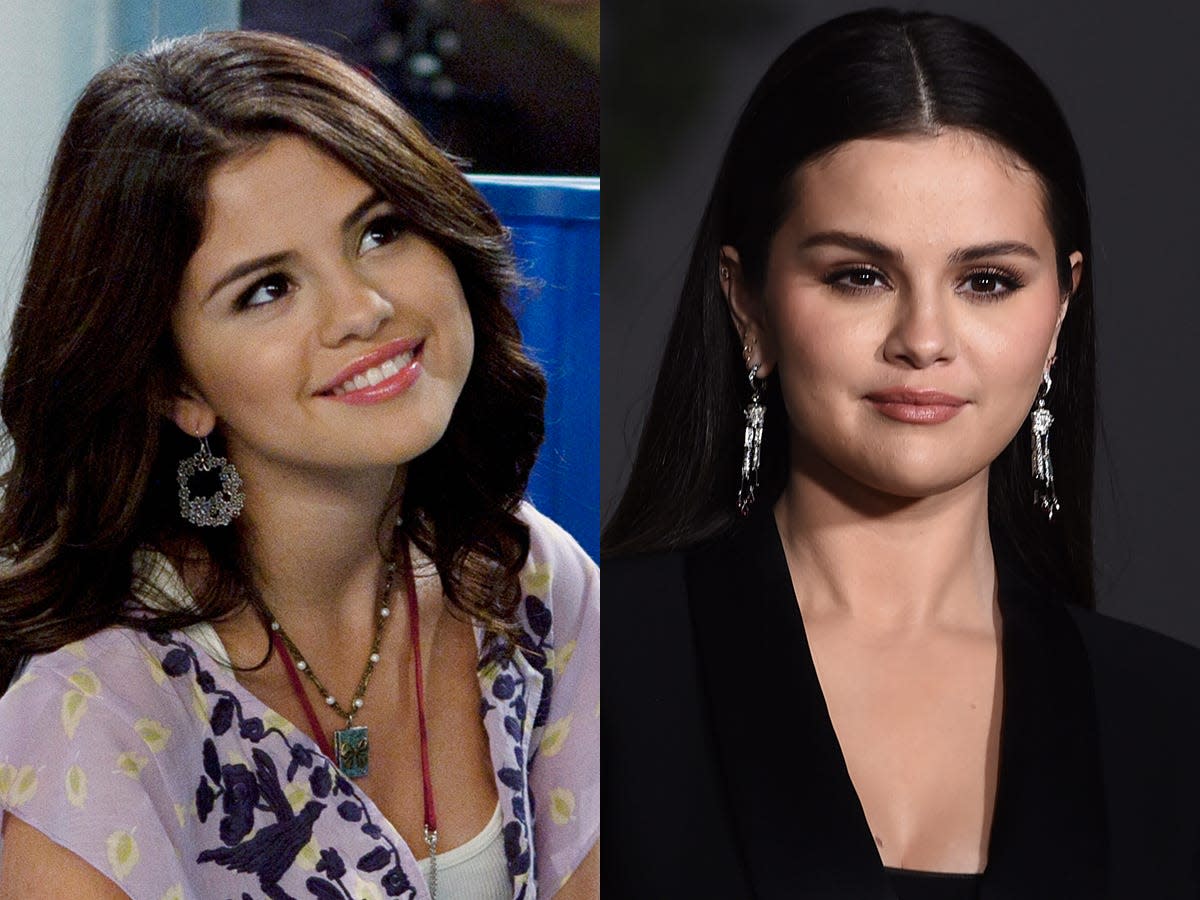 On the left: Selena Gomez as Alex Russo on "Wizards of Waverly Place." On the right: Gomez in October 2022.