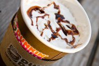 <div class="caption-credit"> Photo by: Credit: Jane Bruce</div><br> <b>Worst Drink at Dunkin' Donuts: Peppermint Mocha Latte</b> <br> A medium-sized peppermint mocha latte weighs in at 360 calories, with 9 grams of total fat - and that's not including the added calories of a sweetener. You can cut back, however, if you order a small peppermint mocha <i>coffee</i> with no cream and sugar - that's a mere 120 calories. <br>