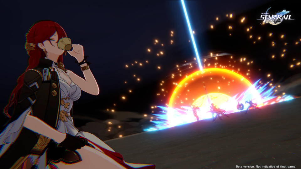 Honkai: Star Rail's ultimate animations are simply breathtaking. Himeko's, for example, has her elegantly sip tea while bombarding her enemies with an orbital cannon. (Photo: HoYoverse)