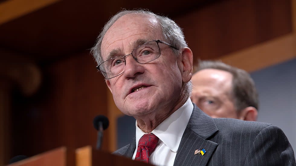 Sen. Jim Risch (R-Idaho) holds a press conference with other Republican senators to discuss Russia’s invasion of Ukraine on Wednesday, March 2, 2022.