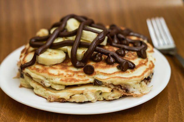 Nutella Filled Chocolate Chip Peanut Butter Pancakes