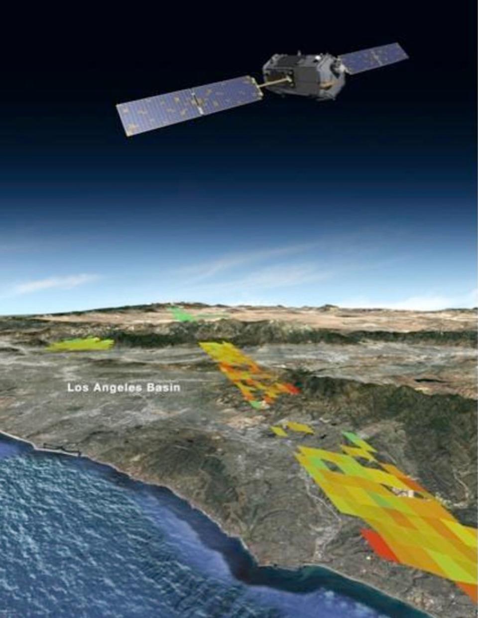 Illustration of an OCO-2 data collection over the Los Angeles Basin. <cite>NASA/JPL-Caltech</cite>