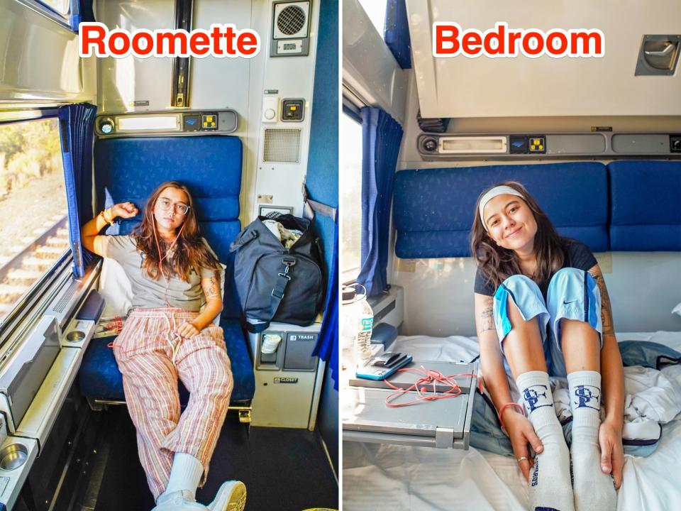 side by side photos show amtrak bedroom and roomette selfies